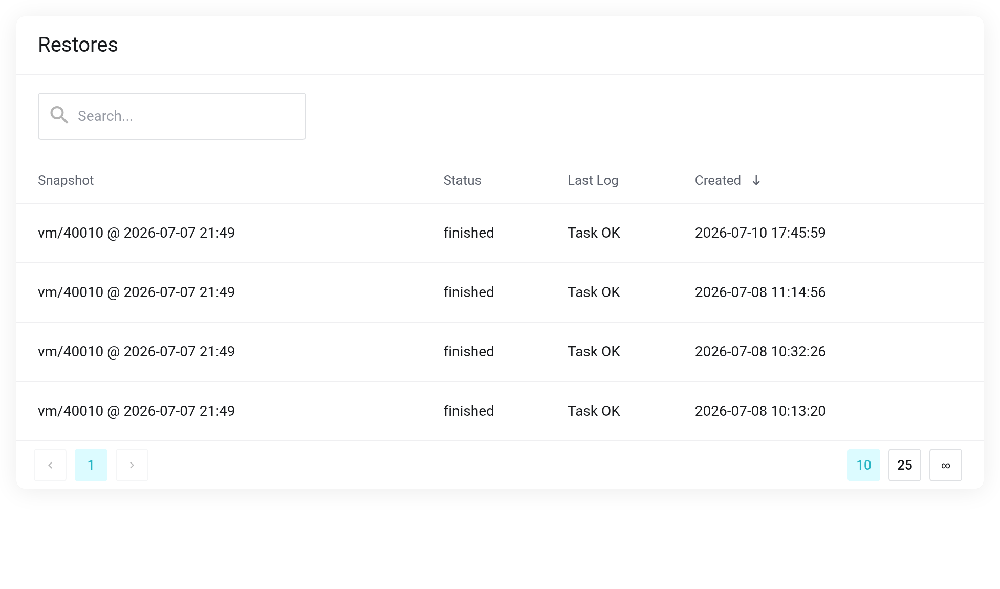 Restores page with Snapshot, Status finished, Last Log Task OK and Created