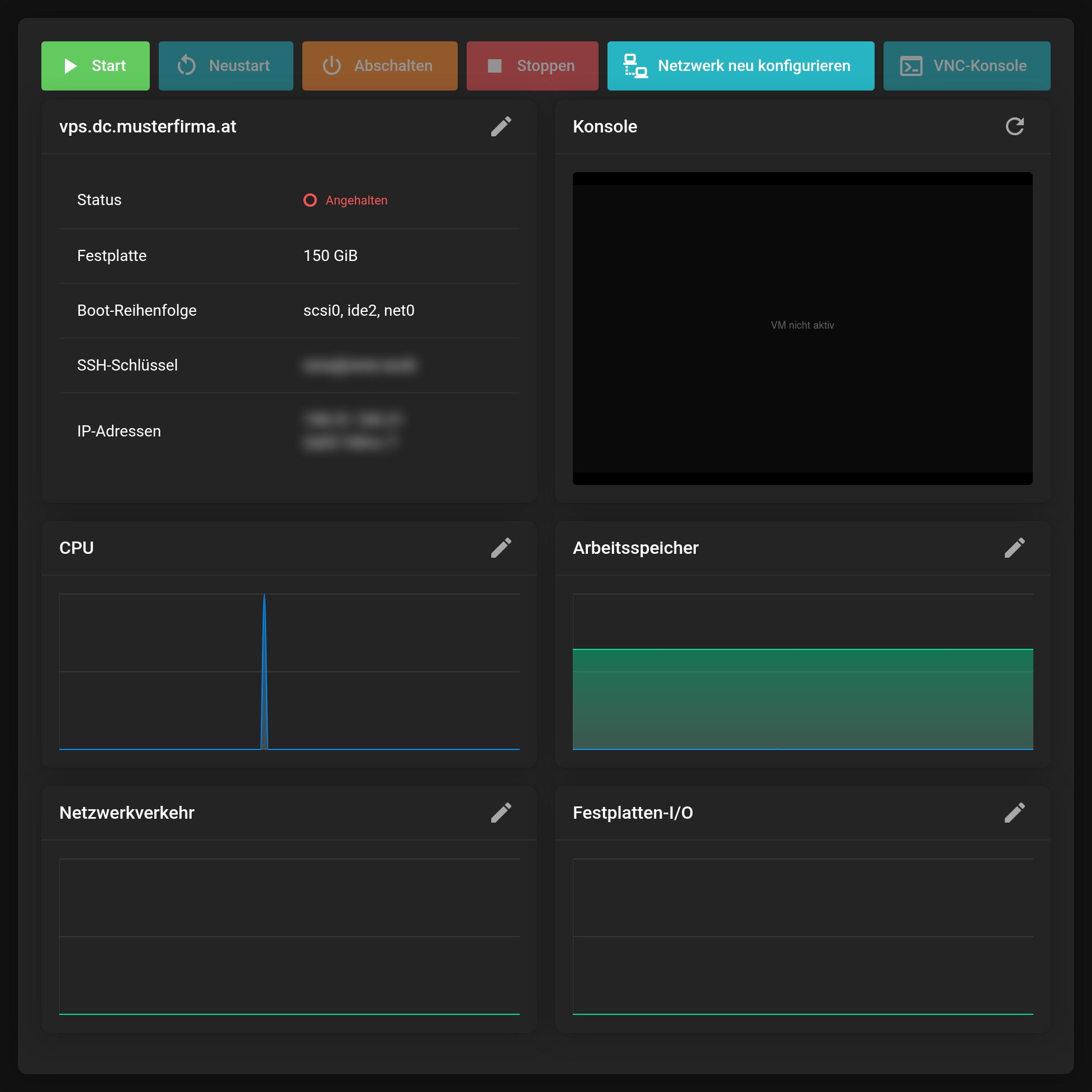 Übersicht eines Server-Produkts mit Status, Festplatte, Boot-Reihenfolge, hinterlegtem SSH-Schlüssel, IP-Adressen und Konsolenvorschau