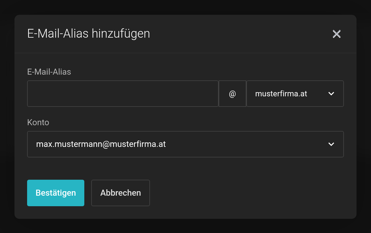 Dialog zum Anlegen eines E-Mail-Alias mit Auswahl des Kontos und der Alias-Adresse