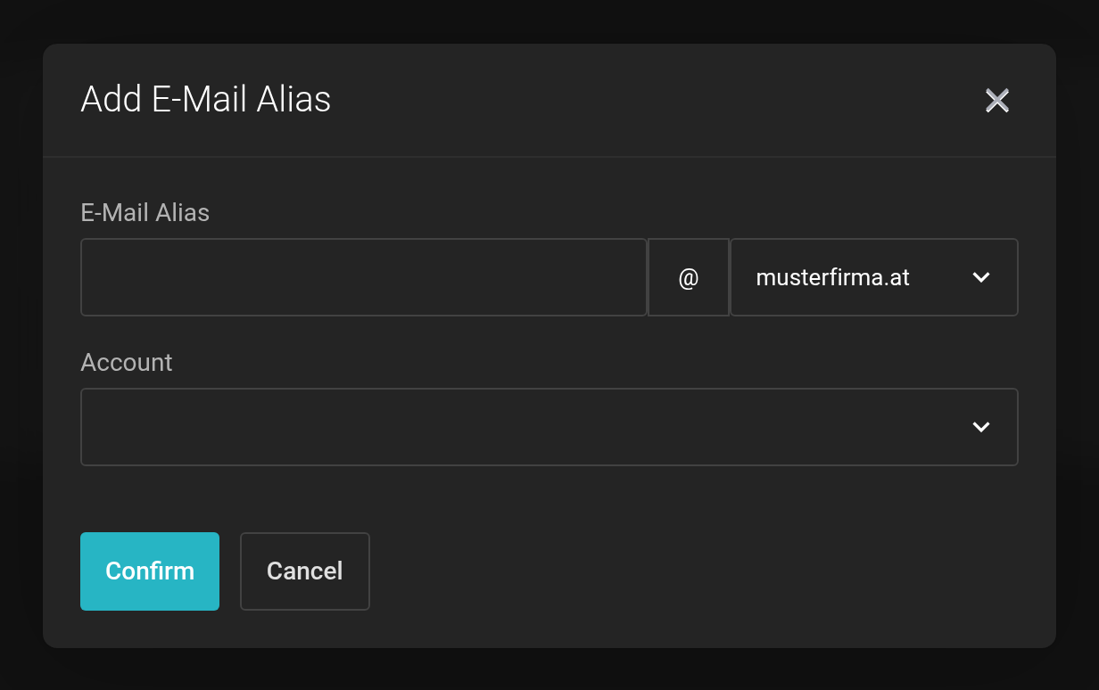 Dialog for creating an E-Mail Alias with the selection of the account and the alias address