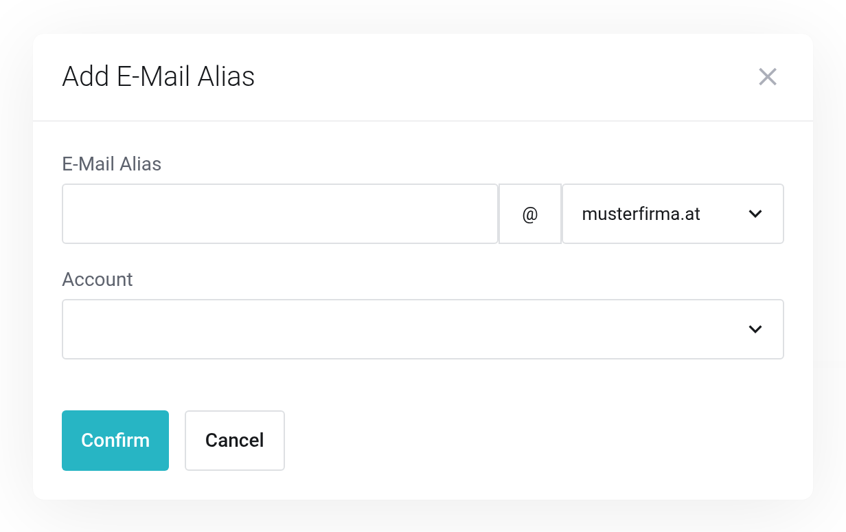 Dialog for creating an E-Mail Alias with the selection of the account and the alias address