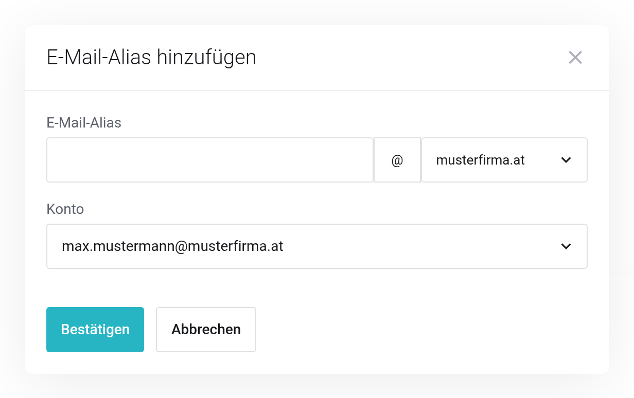 Dialog zum Anlegen eines E-Mail-Alias mit Auswahl des Kontos und der Alias-Adresse