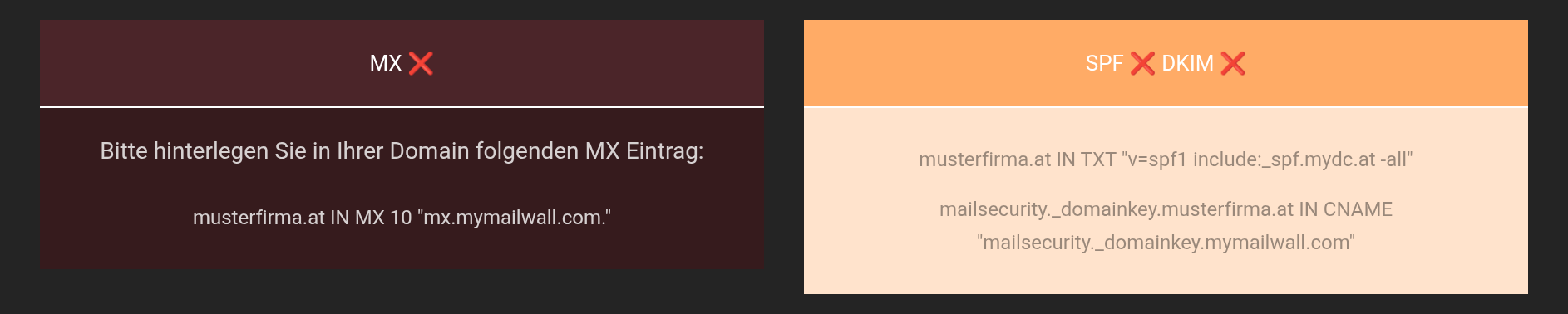 Kundenportal mit den Statusanzeigen für MX, SPF und DKIM und den einzutragenden DNS-Werten