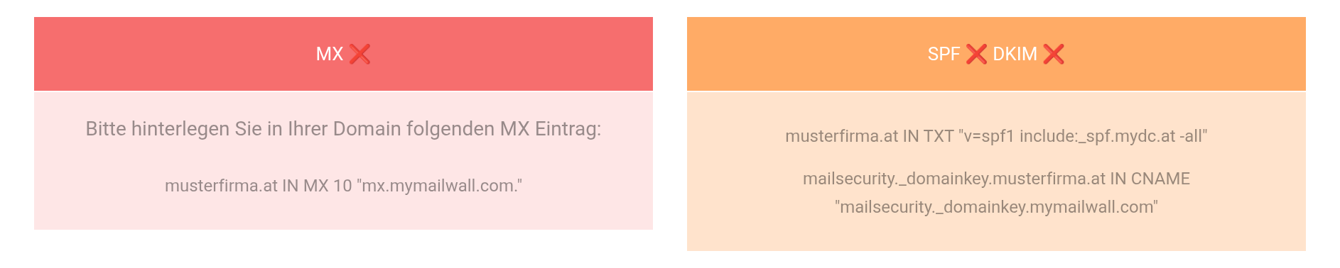 Kundenportal mit den Statusanzeigen für MX, SPF und DKIM und den einzutragenden DNS-Werten