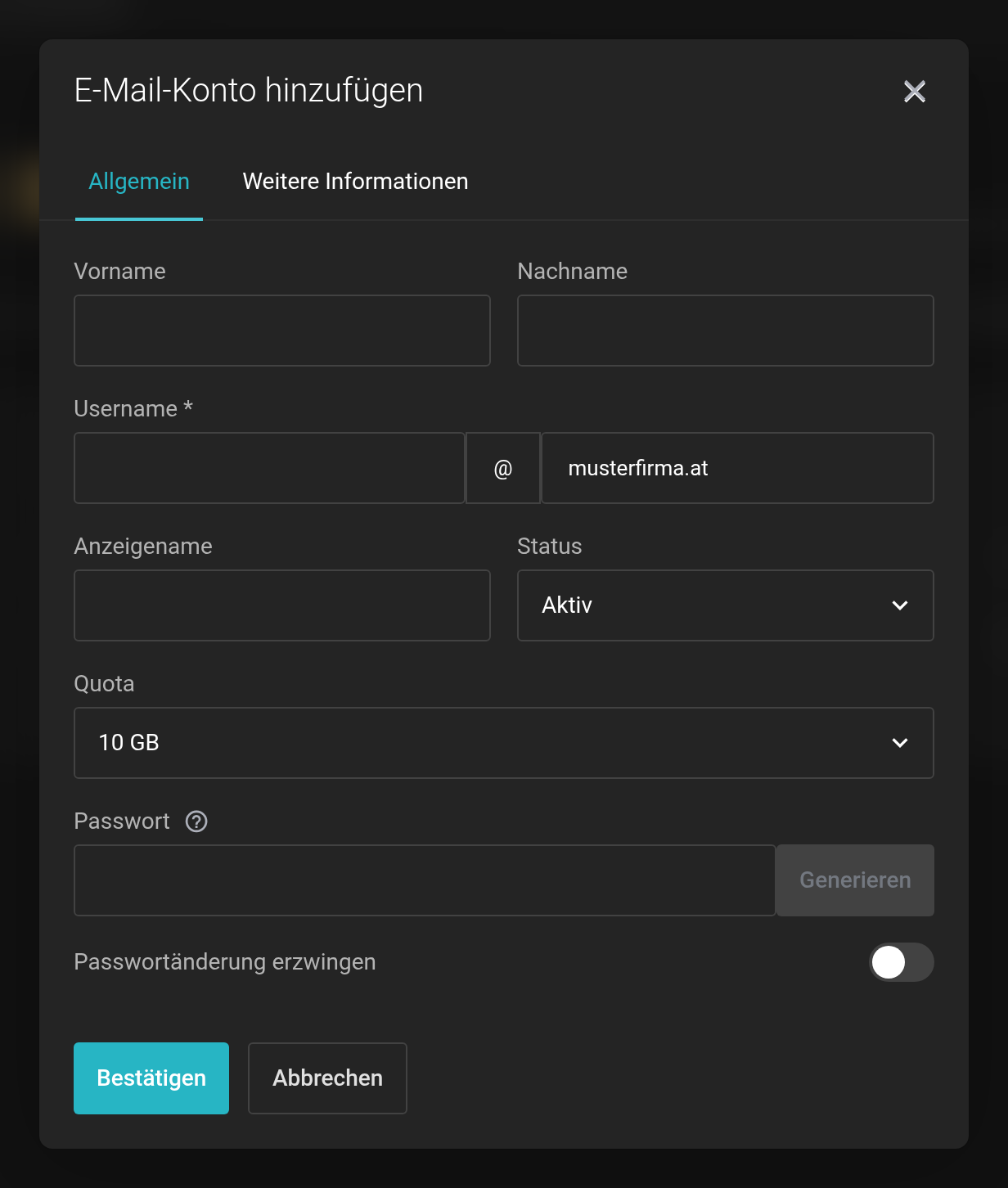 Dialog E-Mail-Konto hinzufügen mit den Feldern Vorname, Nachname, Username, Anzeigename, Status, Quota und Passwort