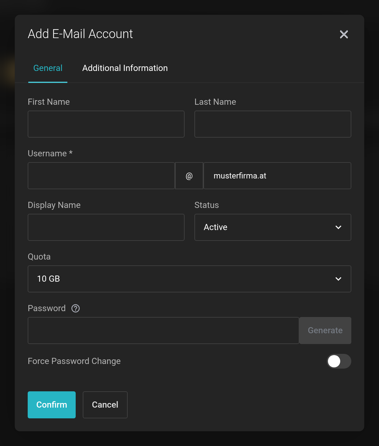Add E-Mail Account dialog with the fields First Name, Last Name, Username, Display Name, Status, Quota and Password