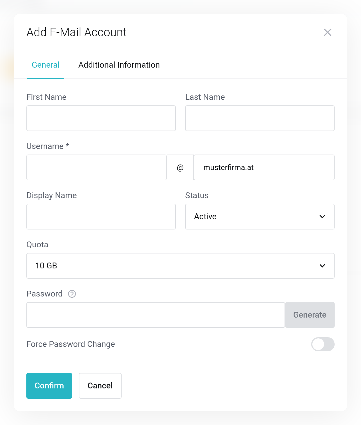 Add E-Mail Account dialog with the fields First Name, Last Name, Username, Display Name, Status, Quota and Password