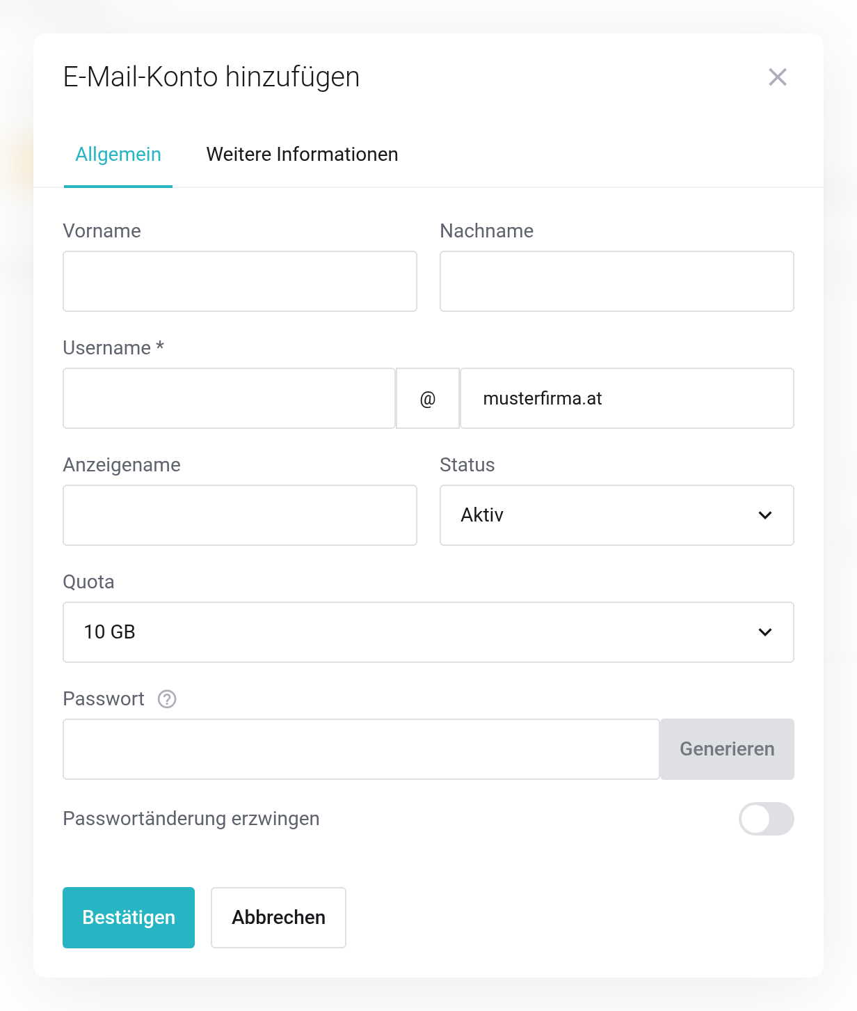 Dialog E-Mail-Konto hinzufügen mit den Feldern Vorname, Nachname, Username, Anzeigename, Status, Quota und Passwort