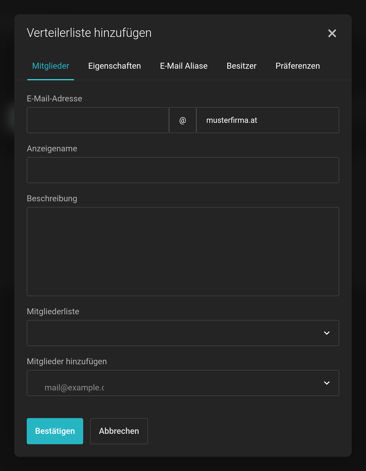 Dialog zum Anlegen einer Verteilerliste mit E-Mail-Adresse, Anzeigename und Auswahl der Mitglieder