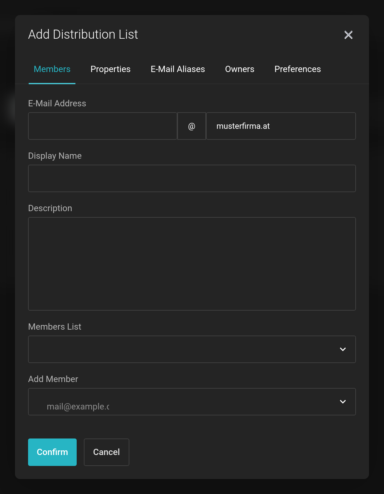 Dialog for creating a distribution list with E-Mail Address, Display Name and the selection of the members