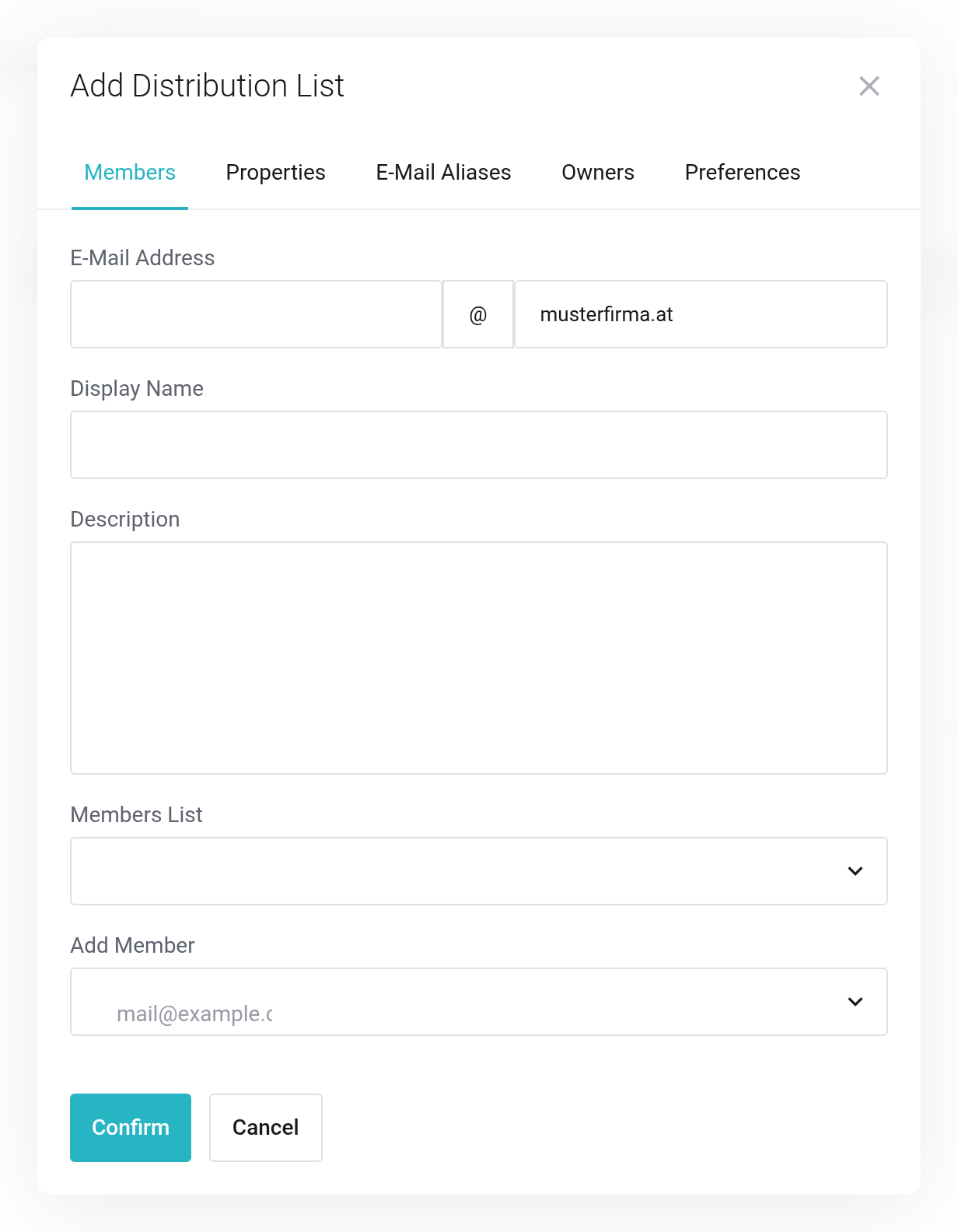 Dialog for creating a distribution list with E-Mail Address, Display Name and the selection of the members