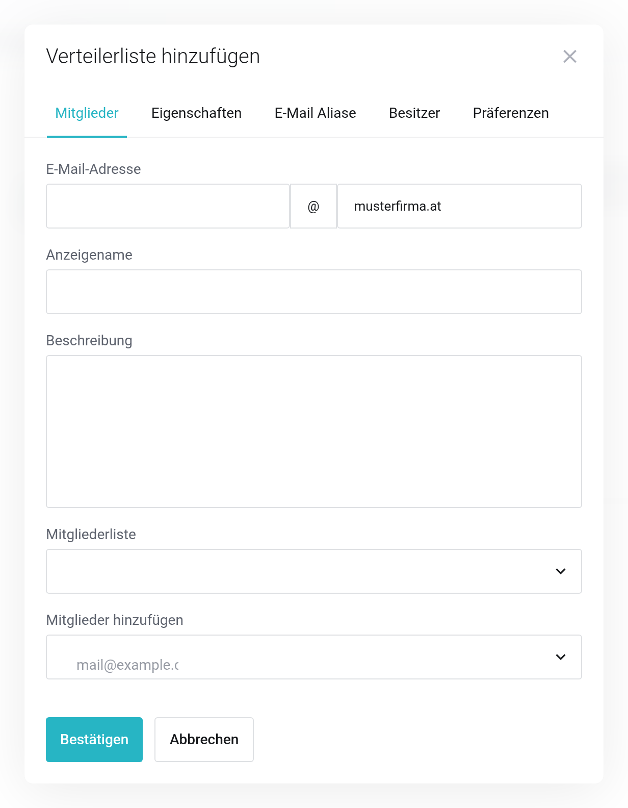 Dialog zum Anlegen einer Verteilerliste mit E-Mail-Adresse, Anzeigename und Auswahl der Mitglieder