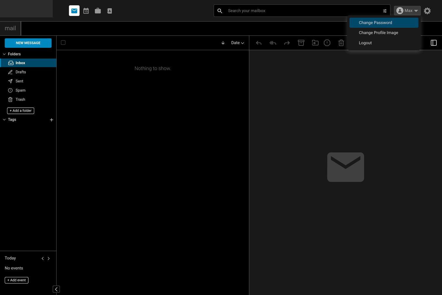 Geöffnetes Benutzermenü im Webmail mit den Einträgen Change Password, Change Profile Image und Logout